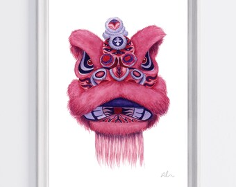Impresión artística de acuarela de la danza del león / Decoración de pared del Año Nuevo Lunar