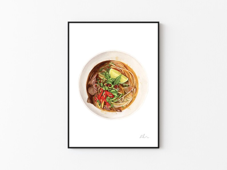 Puede incluir: Una ilustraci&oacute;n de acuarela de un taz&oacute;n de pho vietnamita, una sopa de fideos tradicional. El taz&oacute;n est&aacute; lleno de caldo, fideos, carne de res y hierbas frescas, incluyendo cilantro, albahaca y lima.