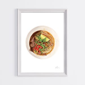 Puede incluir: Una pintura de acuarela de un taz&oacute;n de pho vietnamita, una sopa de fideos tradicional. La sopa est&aacute; llena de fideos, carne y verduras, y est&aacute; cubierta con una rodaja de lima.