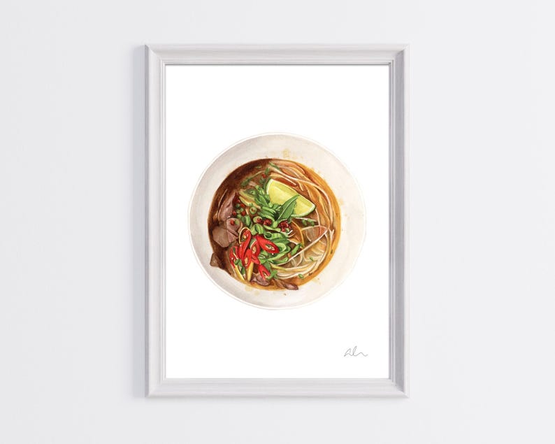 Puede incluir: Una pintura de acuarela de un taz&oacute;n de pho vietnamita, una sopa de fideos tradicional. La sopa est&aacute; llena de fideos, carne y verduras, y est&aacute; cubierta con una rodaja de lima.