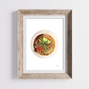 Puede incluir: Una pintura de acuarela de un taz&oacute;n de pho vietnamita, una sopa de fideos tradicional. El taz&oacute;n est&aacute; lleno de caldo, fideos, carne y verduras. El pho est&aacute; adornado con hierbas frescas, lima y chiles.