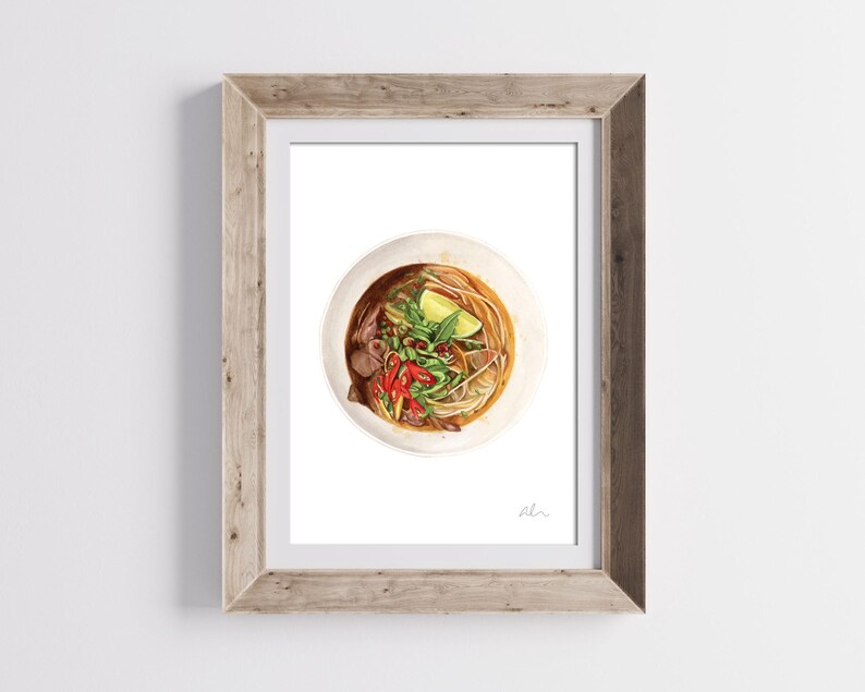 Puede incluir: Una pintura de acuarela de un taz&oacute;n de pho vietnamita, una sopa de fideos tradicional. El taz&oacute;n est&aacute; lleno de caldo, fideos, carne y verduras. El pho est&aacute; adornado con hierbas frescas, lima y chiles.