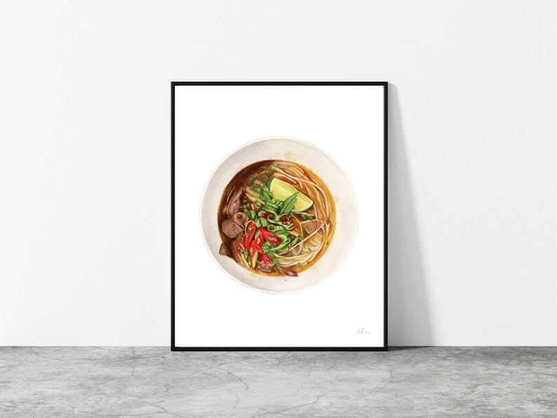 Puede incluir: Una ilustraci&oacute;n de acuarela de un cuenco de pho vietnamita, una sopa de fideos tradicional. El cuenco est&aacute; lleno de caldo, fideos, carne y verduras. La sopa est&aacute; adornada con hierbas frescas, chiles y una rodaja de lima.