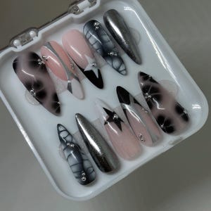 Celestial Noir | Handmade Press On Nails | Black | White | Silver | Dark | Custom | Smokey | Flowers | Stars | Studs | Chrome | Customisable