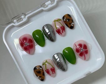 Melting Cherries | Mix & Match Style | Handmade Press On Nails | Customisable | Silver Chrome | Flower | Tortoise Shell |