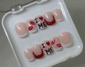 I Love Me French Tip - Handmade Press On Nails - Red Gems - Valentines - Reusable