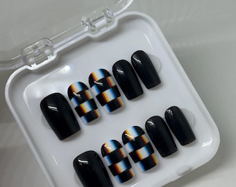 Checkerboard Glitch - Handmade Press On Nails - Trippy - Alt - Punk - Illusion - Reusable