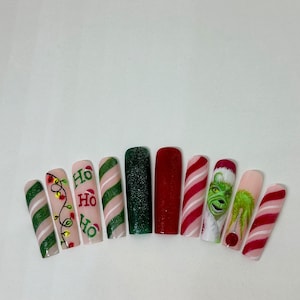 Grinchmas Nails | The Grinch Inspired Nails | Size Medium HandPainted Press On Nails | Candycane | Red and Green | Realistic | Handmade