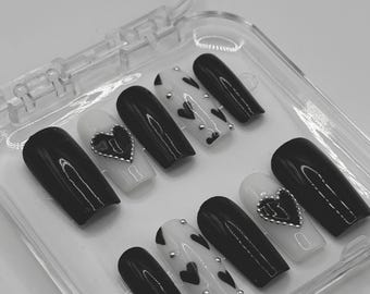 Punk Love | Black Heart Press On Nails | Silver Studs and Chain Details | Milky White | Monochrome Valentines Set