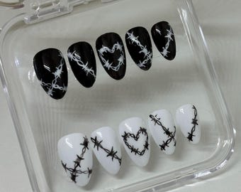 Love Bound | Press On Nails | Barbed Wire | Monochrome Nails | Black & White | Gothic | Alt | Punk | Valentines |