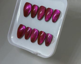 Magenta Pink Cat Eye Press On Nails - Handmade - Velvet Nails - Glassy Nails - Reusable