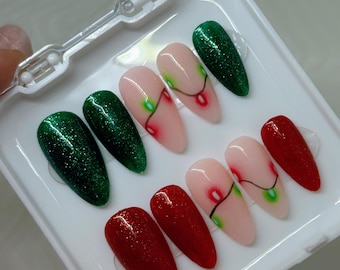 Christmas Lights Nails | Handmade Press On Nails | Neon Lights | Glittery Nails | Red and Green | Xmas Party Nails | Custom |