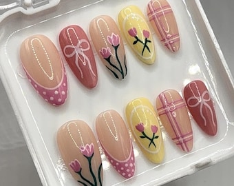 Cute Spring Nails With Tulip Flowers / Bows / Polka Dots | Handmade Press On Nails | Pastel | Summer