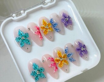 Floral Fantasy | Press On Nails | Handmade | Pastel Colours | Tropical Nail Art | 3D Flower Nails | Summer | Botanical | Customisable |