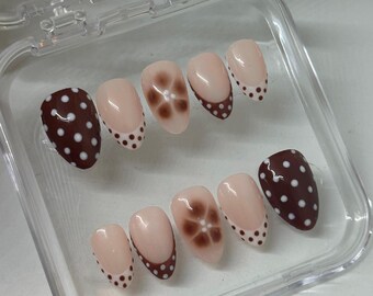 Brown and Cream Polka Dots - Press On Nails - Bloom Flower - Handmade - Reusable