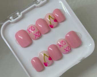 Handmade Cherry Heart Press On Nails | Pink Valentine's Day Nails
