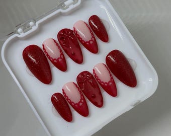 Red Lace | Handmade Press On Nails | Valentines Day Nails | Bow | Party | Birthday | Customisable | Coquette |