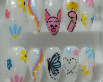 Piglet Press On Nails | Handmade Winnie the Pooh Inspired - Butterflies Flowers - Reusable