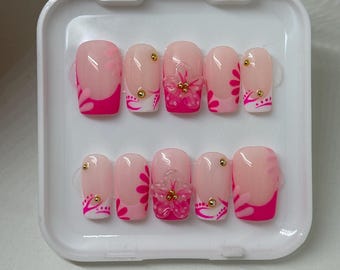 Pink Petals | Handmade Press On Nails | Girly Nails | 3D Flower | Summer | Floral | Custom |