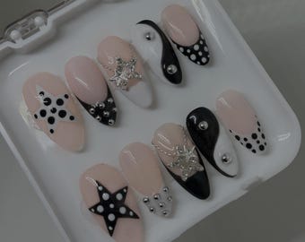 Monochrome Magic | Handmade Press On Nails | Black and White | Alt | Punk | Gothic | Star Nails | Ying Yang | Customisable |
