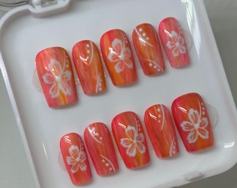 Tropical Bloom | Handmade Press On Nails | Summer Nails | Hibiscus Flowers | Floral |Customisable |
