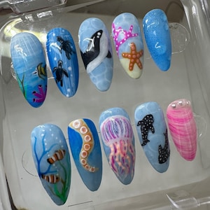 Into The Blue | Press On Nails | Handpainted | Sea Animals | Ocean Creatures | Orca Whale | Turtles |  Jellyfish | Sharks | Customisable |