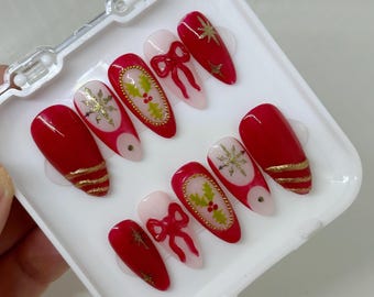 Luxe Christmas Nails | Handmade Press On Nails | Red And Gold | 3D Bow | Chrome | Holly | Snowflake | Xmas Party Nails | Custom |