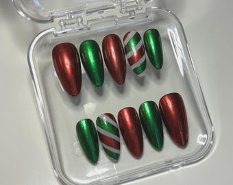 Chrome Candycane | Handmade Press On Nails | Red and Green | Christmas Nails | Xmas Party Nails | Custom |
