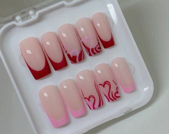 French Tips with Hearts | Handmade Press On Nails | Pink and Red | Girly | Customisable |