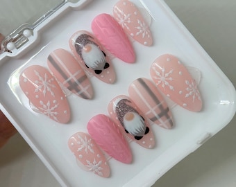 Pink Christmas Gonk Nails | Handmade Press On Nails | Sweater Nails | Snowflakes | Plaid | 3D | Winter | Snowy | Cute | Custom |