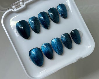 Cobalt Blue Cat Eye Press On Nails - Handmade - Reusable