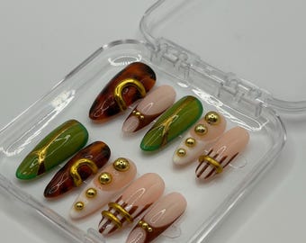 Tortoise Shell and Green - Handmade Press On Nails - 3D Gold Bangle Style - Reusable -