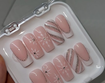 Snowflake Sparkle Christmas Nails | Handmade Press On Nail Set | Reflective Glitter | French Tips | Xmas Party Nails | Winter | Custom |