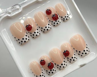 Polka Dot French Tips with 3D LadyBugs - Handmade Cute Insect Press On Nails - Spring / Summer Set