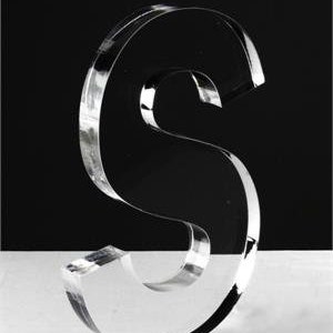 May include: A clear acrylic letter S. The letter is freestanding and has a smooth, polished finish.