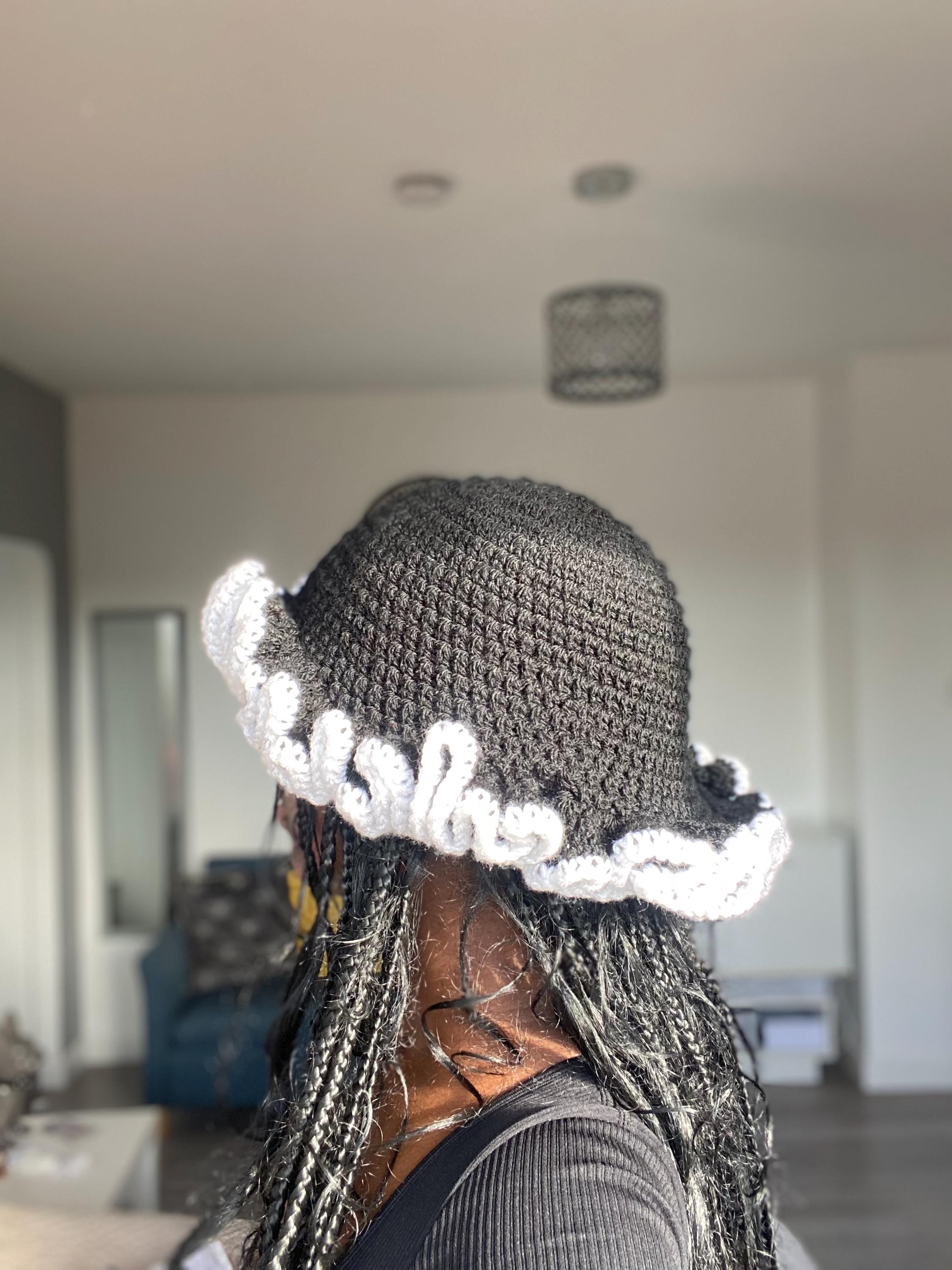 Stylish Black Crochet Bucket Hat with Contrast Trim Made by Minga | Black + White Crochet Checkered Bucket Hat  main image 4