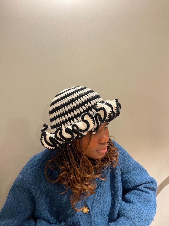 Striped Crochet Bucket Hat - Black & Tan Striped Crochet Straw Bucket Hat | Foldable Summer Sun Hat  main image 4