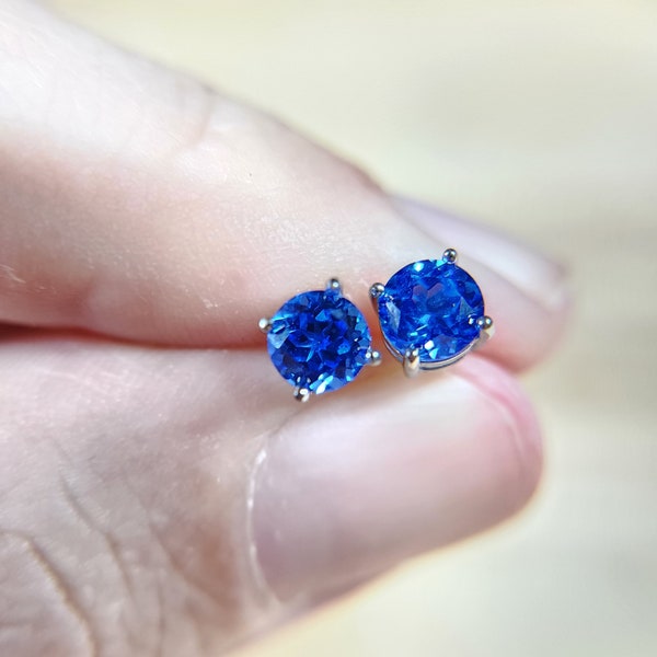 Cobalt Blue Hydrothermal Sapphire Earrings | 0.5ct EA (1ctw) | Round Cut | 5mm | Plated 925 Sterling Silver | 1 Pair