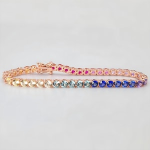 Regenbogen Saphir Tennis Armband - 4 mm Rundschliff - 14ctw - Rosé vergoldetes 925 Sterling Silber - 17,8 cm Länge