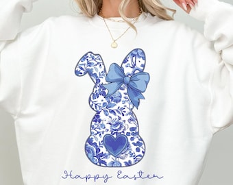 Happy Easter PNG, Blue Floral Chinoiserie Bunny Png, Blue White Easter Png, Blue Toile Easter Rabbit Png, Easter Coquette Png, Bunny Png