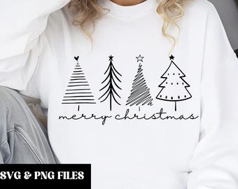Könnte beinhalten: Weißes Sweatshirt mit vier schwarzen Weihnachtsbäumen in verschiedenen Designs, gekrönt von einem Herz, einem Stern und einem Stern. Darunter steht in Schreibschrift "merry christmas".