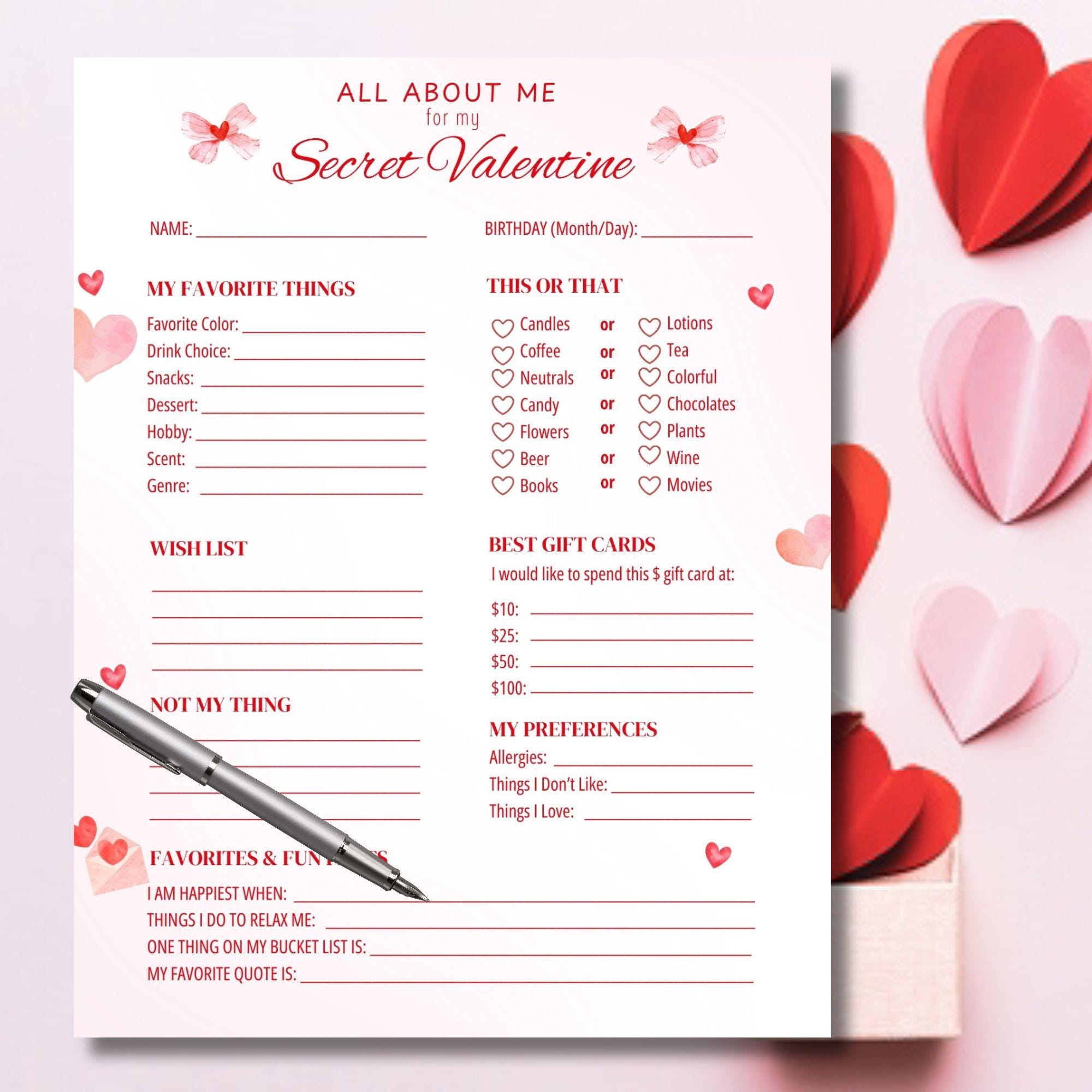All About Me Secret Valentine Printable, Getting to Know You, Secret ...