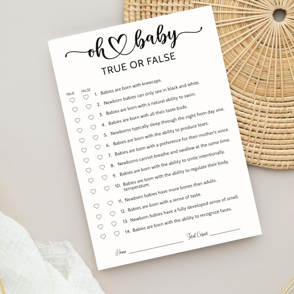 Baby Shower True or False Game, Game and Answer Key, Baby Editable Template, True or False Questions, Printable Oh Baby, Gender Reveal Games
