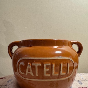 May include: A glossy, burnt-orange ceramic crock featuring two side handles and the word CATELLI embossed in a raised, light-coloured oval frame on the front. The vessel has a wide, open top and a rounded, bulbous body with a smooth, reflective finish.