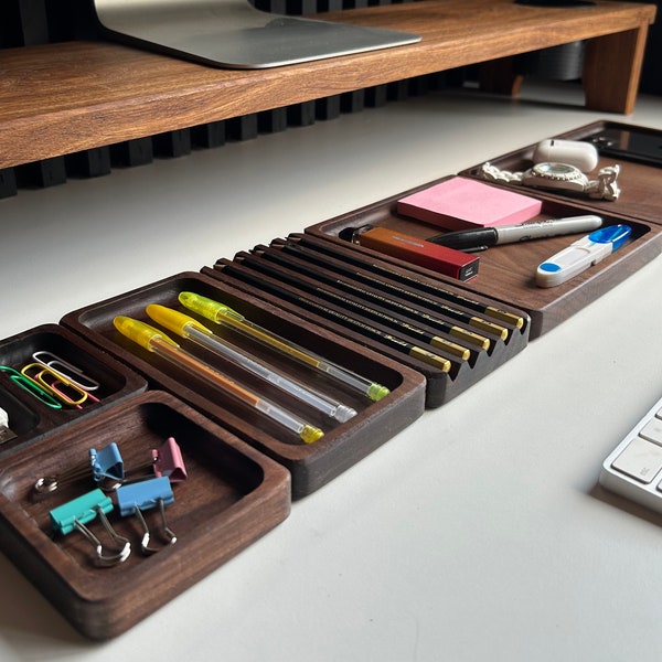 Ebonised Black Oak Walnut French Oak Wood Desk Organizer, Office Desk Accessories, Home Desk Storage, Catch all Desk Tray. Stationary holder