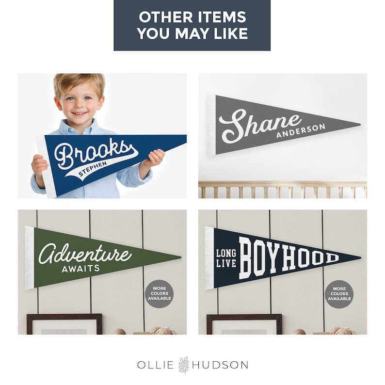 Op de afbeelding: Een verzameling gepersonaliseerde wimpelvaantjes in verschillende kleuren. E&eacute;n vlag wordt door een kind vastgehouden. De vlaggen tonen namen en zinnen als "Brooks", "Shane", "Adventure Awaits" en "Long Live Boyhood". De vlaggen hebben een witte rand.