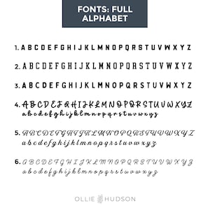 Op de afbeelding: Een witte achtergrond toont zes verschillende lettertypestijlen, elk met het volledige alfabet in hoofdletters en kleine letters. De tekst "FONTS: FULL ALPHABET" staat bovenaan. Het Ollie Hudson-logo staat onderaan.
