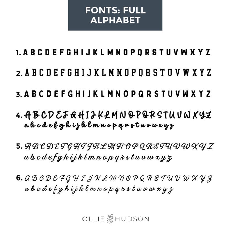 Op de afbeelding: Een witte achtergrond toont zes verschillende lettertypestijlen, elk met het volledige alfabet in hoofdletters en kleine letters. De tekst "FONTS: FULL ALPHABET" staat bovenaan. Het Ollie Hudson-logo staat onderaan.