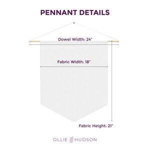 May include: A white pennant banner with a dowel rod at the top. The banner is 18 inches wide and 21 inches tall. The dowel rod is 24 inches wide. The banner is hanging from a string.