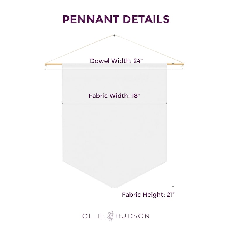 May include: A white pennant banner with a dowel rod at the top. The banner is 18 inches wide and 21 inches tall. The dowel rod is 24 inches wide. The banner is hanging from a string.